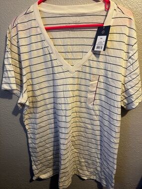 Women White V-Neck Short Sleeve Tee with Navy Stripes